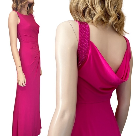 Calvin Klein Dress Gown Train Glass Beading Jersey Knit Ruched Draped Cowl Back - Picture 13 of 16